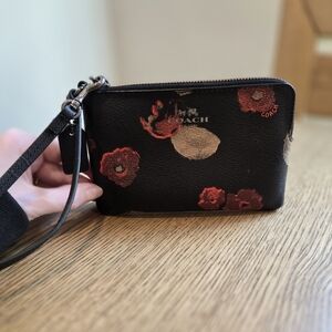 Coach Outlet Black Wristlet with Red Floral Accents